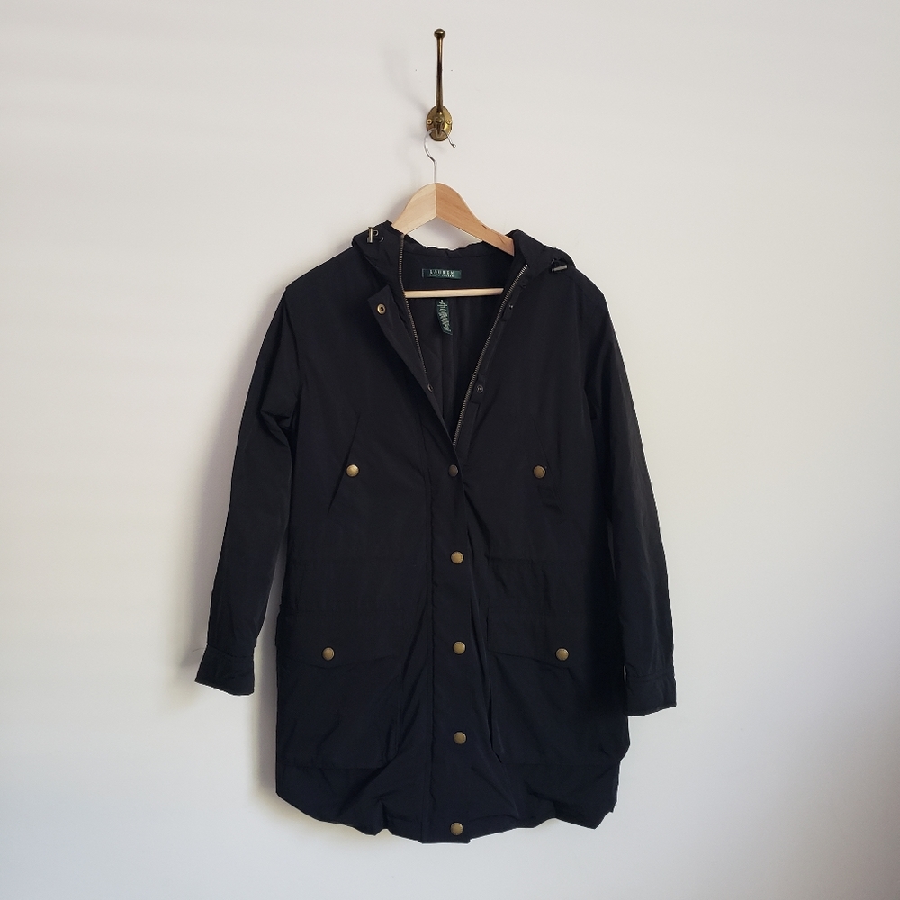 Ralph Lauren mid-length black winter jacket with brass hardware- S
